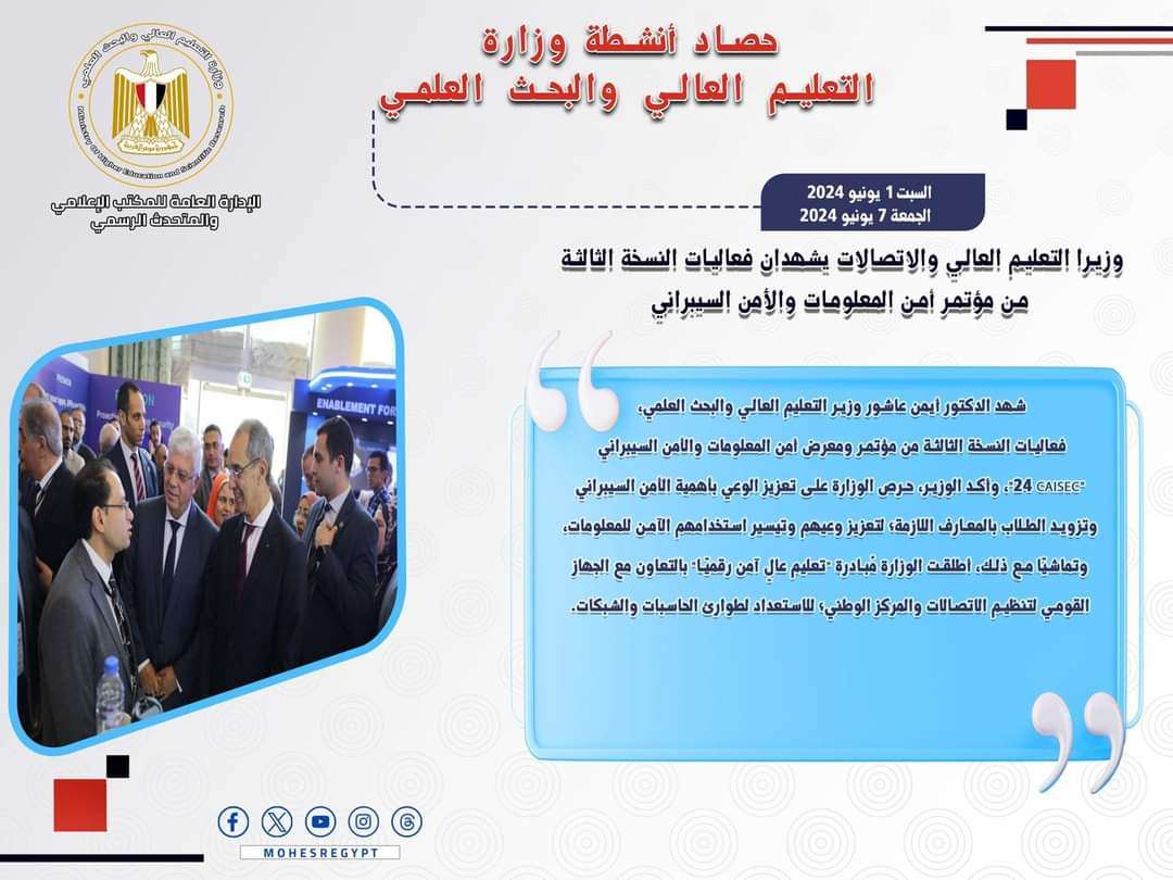 حصاد أنشطة وزارة التعليم العالي والبحث العلمي في أسبوع 1 FB IMG 1717851301533
